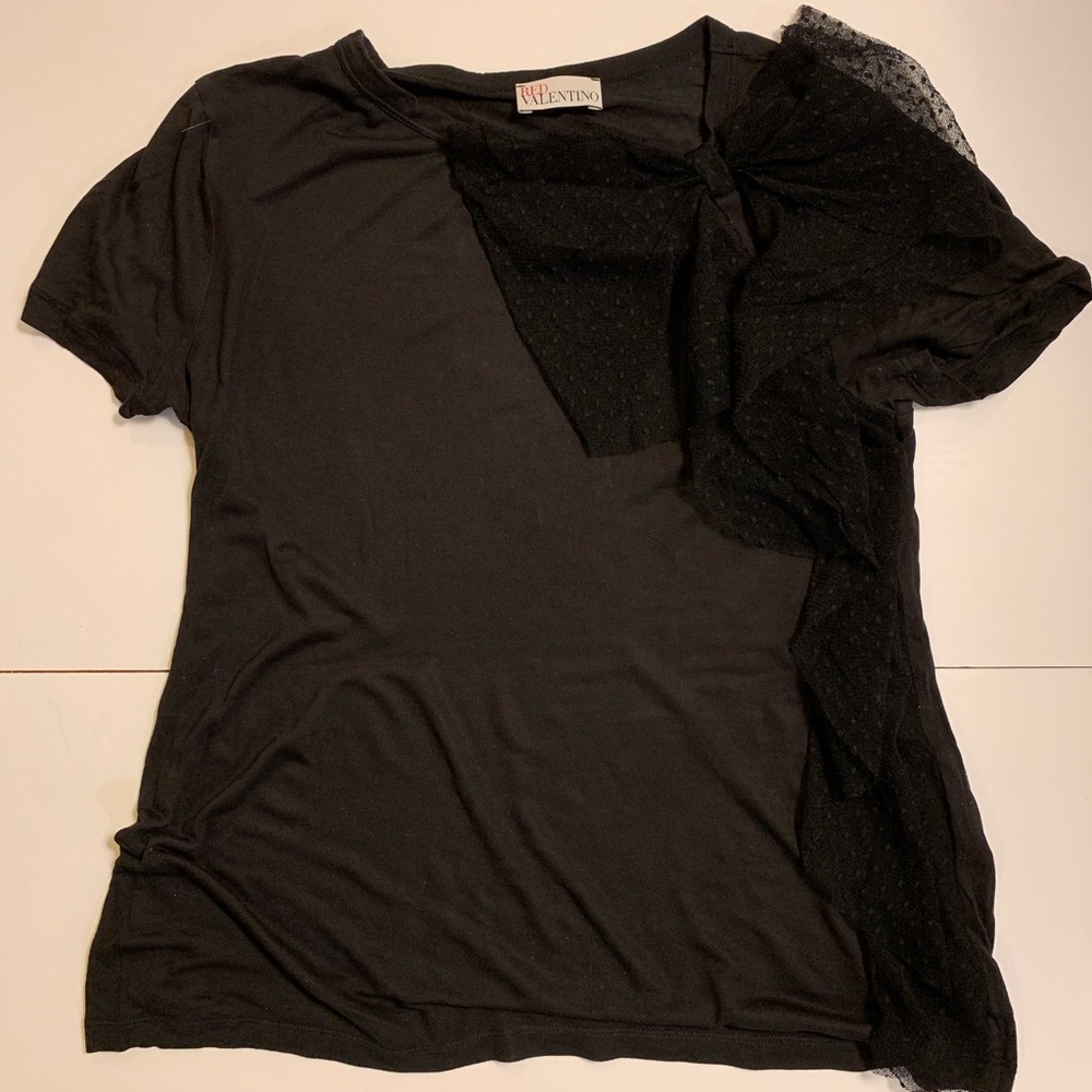 RED Valentino Black Lace Dot Bow Ruffle Shirt